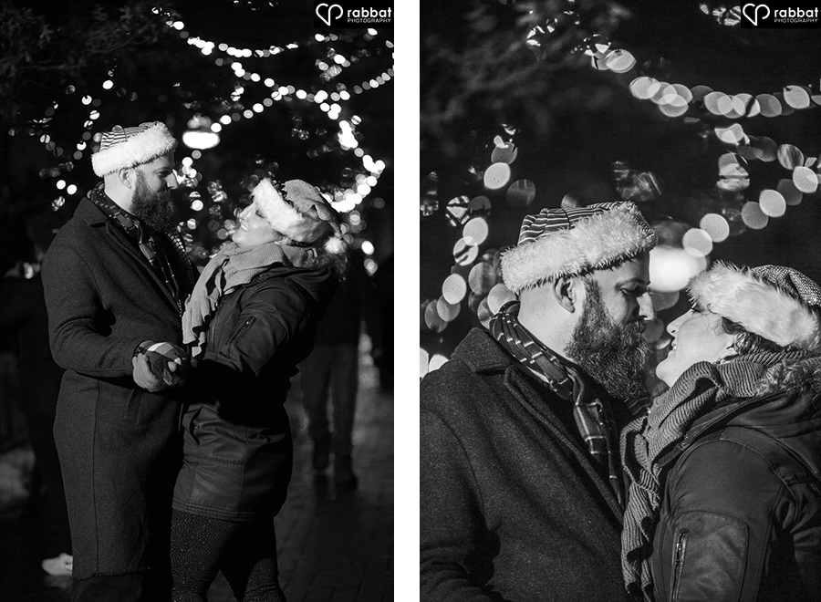 Black and white engagement photos at Winterfest at Canada’s Wonderland