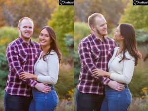 Happily engaged couple at James Gardens. Photo of the two of them looking at the camera on the left and photo of them looking at each other on the right. Photos took place in the fall, when the sun was starting to set. There are lots of trees changing colours behind them.
