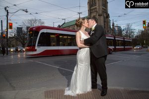 Wedding photo with streetcar in background