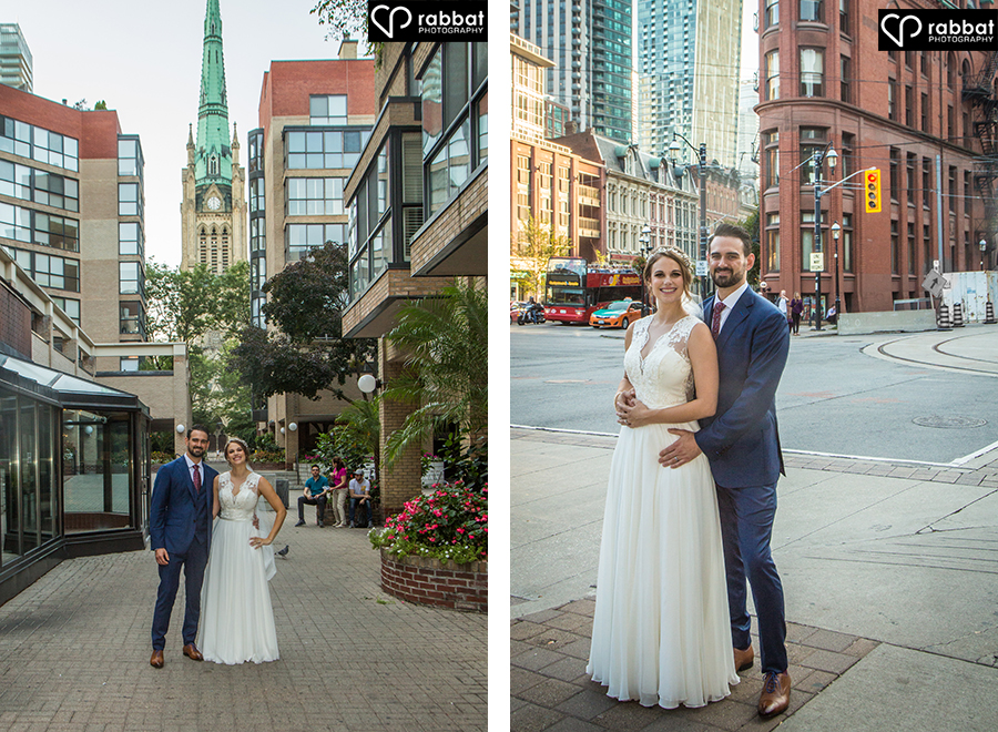 Katie and Christian in front of iconic downtown buildings