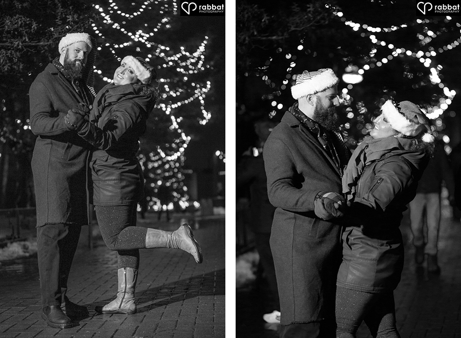 Two photos in black and white of a couple in front of a lit up Christmas tree at night. Winterfest at Canada's Wonderland.