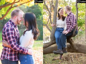 Couple touching foreheads on left, Different photo of the couple sitting on a tree branch on the right. at James Gardens