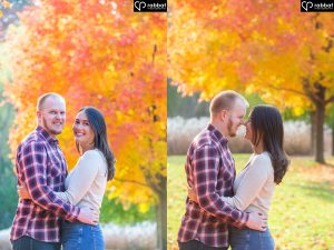 Two side by side vertical photos of a recently engaged couple in front of a tree with lots of yellow leaves in the fall. In the photo on the right, they are looking at the camera. In the photo on the left, they are hugging and facing each other. Photos at James Gardens