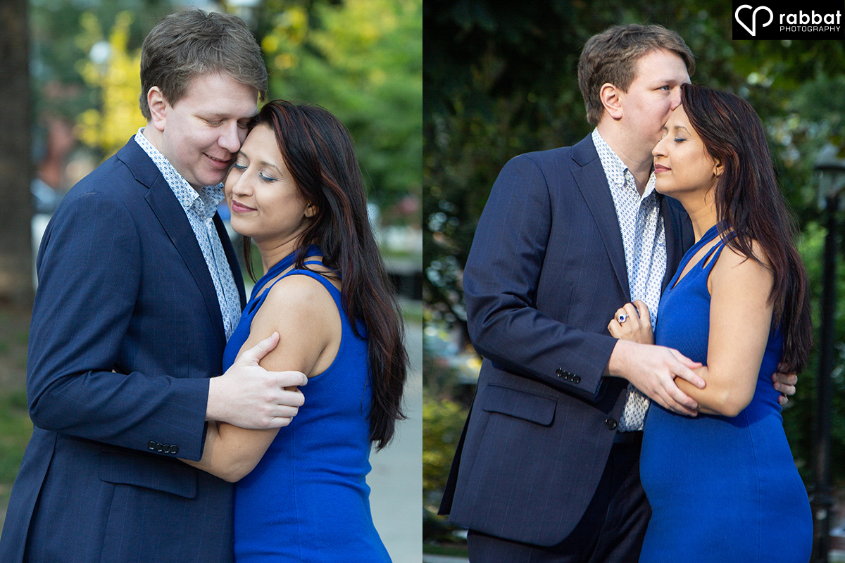 South Asian woman and white man. He is wearing a suit, she is wearing a blue dress. Two vertical photos side by side. In the photo on the left, they are hugging each other tightly. She is looking slightly ahead with her eyes closed. His eyes are also closed and he is looking down. In the second photo, they are still hugging, but he is kissing her cheek that is closest to him and we can see her profile.