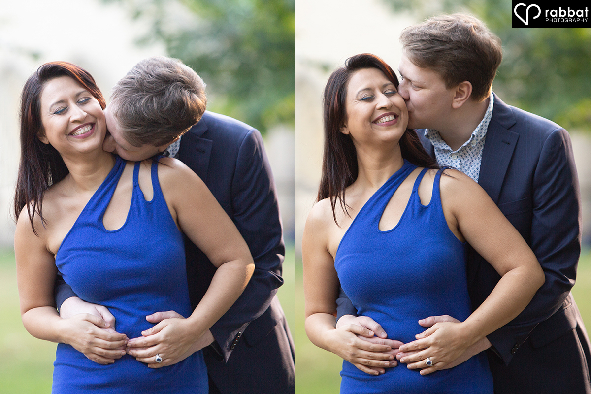 South Asian woman getting kissed by her fair haired fiance. She is wearing a beautiful dark blue dress. He is wearing a suit. In the photo on the left, he is kissing her neck and in the one on the right he is kissing her cheek. She is laughing in both photos.