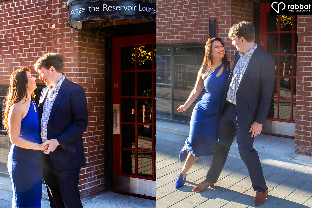 Two photos side by site of a couple outside a brick building. There is a door on the building with a black awning that says "The Reservoir Lounge," in white cursive writing. The man is wearing a suit and the woman is wearing a blue dress. They are dancing with each other.
