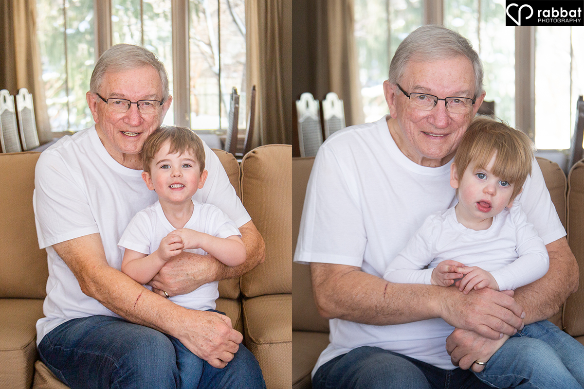 Two side by side vertical photos. In both photos, an 80 year old man is holding a boy around two in his lap. They are all wearing white t-shirts.