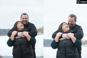 Two vertical photos side by side of an Asian woman in front of a white man who is hugging her from behind. In the photo on the left, she is looking up at him and he is looking straight ahead. In the photo on the right, they are looking at each other. This photo is in front of Grenadier Pond.