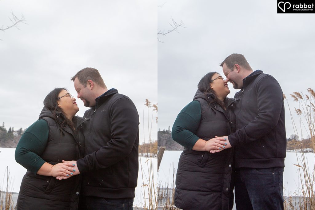 Two vertical photos side by side of an Asian woman and white man holding hands and smiling at each other. Grenadier Pond is in the background.