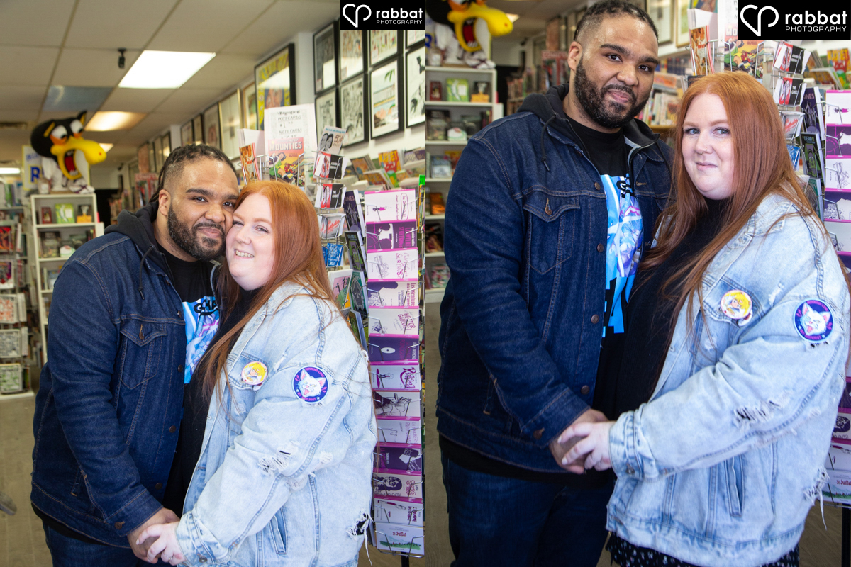 Two side by side vertical photos of a couple standing holding hands at a bookstore with turnstiles full of books. They are looking at the camera. Man is black and woman Metis but has a light complexion with red hair. 
