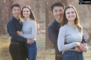 Side by side vertical photos of couple looking at camera with forest behind them. Man is Asian, woman is white. He is wearing a dark shirt and she is wearing a bluish gray long sleeve shirt. They are smiling at the camera and are backlit by the sun. In the photo on the left, her hand is on his arm. In the photo on the right, he is slightly behind her and he is hugging her around the waist.