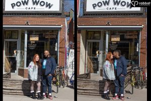 Two vertical photos of a couple in front of Pow Wow Cafe in Kensington Market. Woman is wearing a jean jacket, short skirt and black boots with white socks. Man is wearing a jean jacket, T-shirt and jeans. Man is Black and woman Metis with a light complexion with red hair.