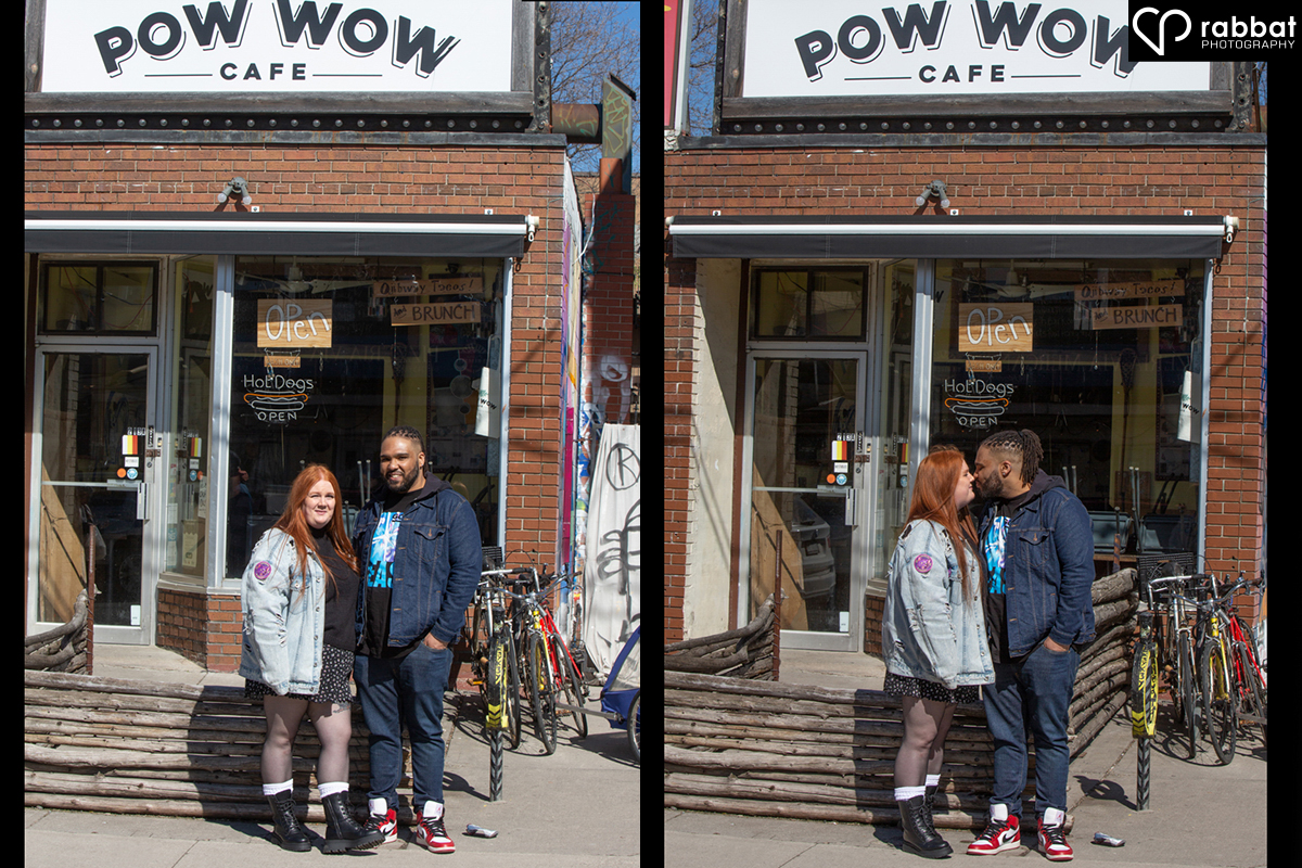 Two vertical photos of a couple in front of Pow Wow Cafe in Kensington Market. Woman is wearing a jean jacket, short skirt and black boots with white socks. Her legs are bare. Man is wearing a jean jacket, T-shirt and jeans. Man is black and woman Metis but has a light complexion with red hair.