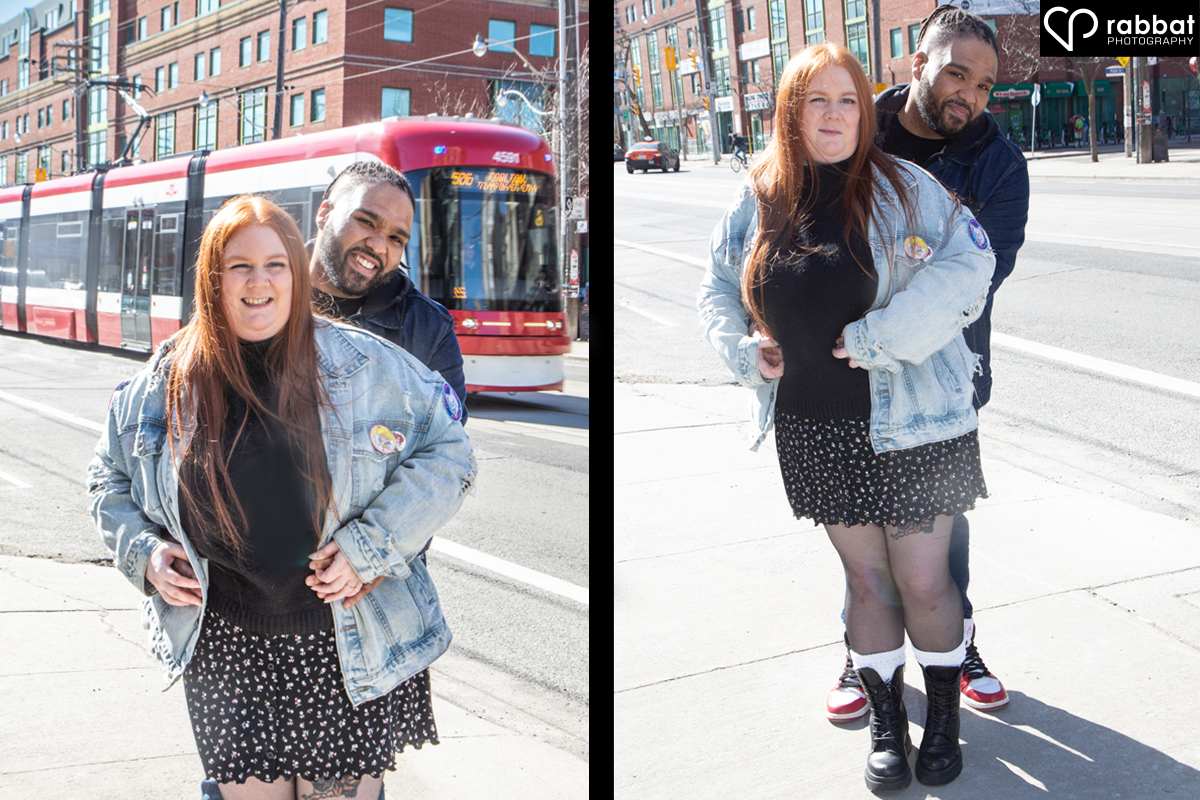 Two vertical side by side photos of a many behind a woman with his arms around her waist. In the one on the left a red and white Toronto streetcar is behind them. They are looking at the camera and smiling.