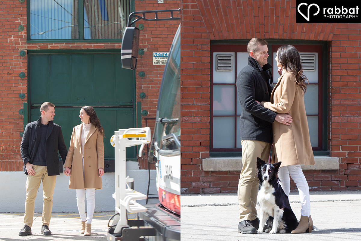 Two side by side vertical photos. In the one on the left, a man in a black coat and beige pants holds hands with a woman in white pants and a beige coat. A red and white Toronto streetcar is in the foreground. They are standing in front of a green garage on a red brick wall. In the photo on the right, the couple is looking at each other in front of a red brick wall and their border collie dog is looking at the camera.