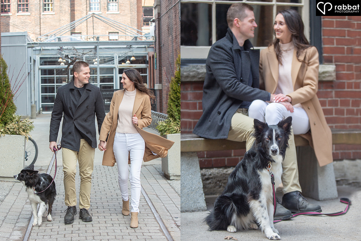 Two side by side vertical photos of a happily engaged photo. The man has blondish hair and the woman has wavy brown hair past her shoulders. Their border collie mix dog is in both photos. 