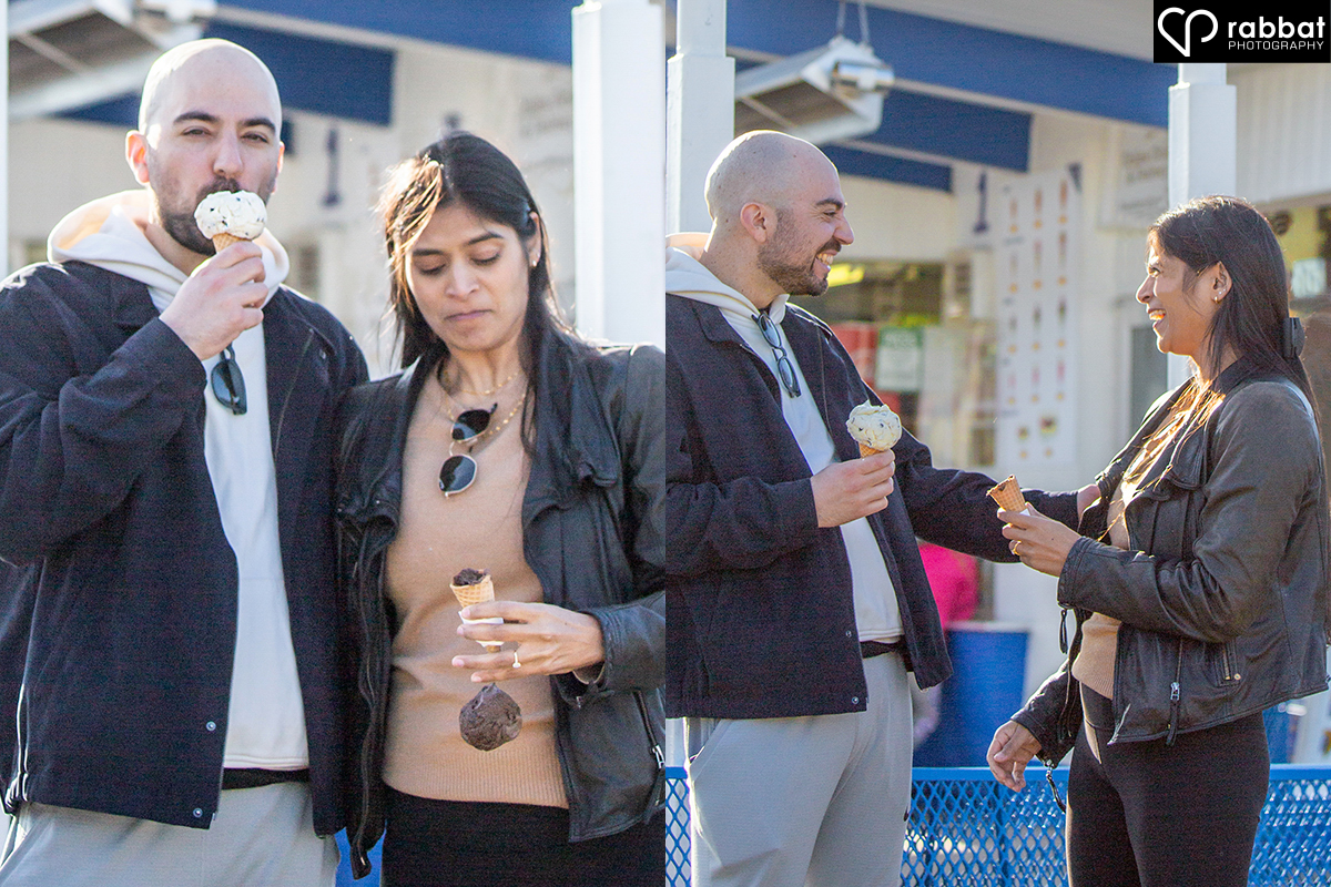 Two side by side vertical photos of a couple eating ice cream. The man is eating his vanilla cone and the woman is looking shocked as her chocolate ice cream falls off the cone. In the photo on the right, they are both laughing. He still has his ice cream, she does not have hers. They are laughing. Man is white, woman is South Asian.