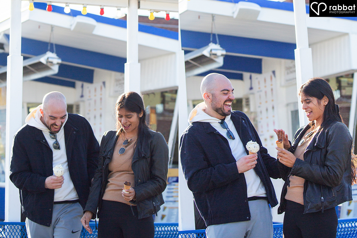 Two side by side vertical photos of a couple eating ice cream. The man is eating his vanilla cone and the woman is looking down as she has just lost her chocolate ice cream. In the photo on the right, they are both laughing. He still has his ice cream, she does not have hers. They are laughing. Man is white, woman is South Asian.