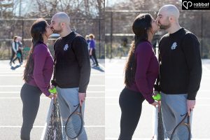 Two vertical photos of couple on the tennis court. Woman is on left kissing man on the right. They are on either side of the net. The woman has a long sleeved purple shirt and the man has a long sleeved black shirt. They are both holding wooden racquets. Man is white, woman is South Asian.