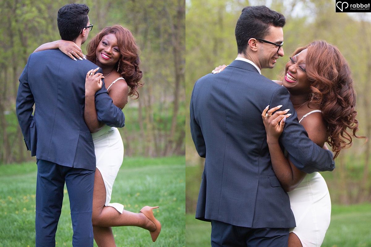 Side by side vertical photos of a beautiful Black woman in a tight white dress with a long slit in front of a Portuguese man in a navy blue suit who is kissing her from behind.