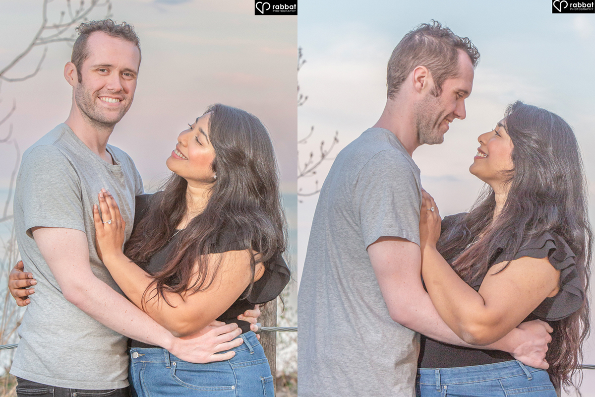 Romantic photos of a couple in front of blue and pink skies and Lake Ontario. 