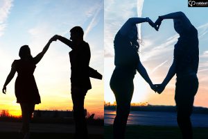 Two side by side vertical photos of a couple in front of a sunset. In the first, they are dancing, in the second they are making a big heart with their arms.