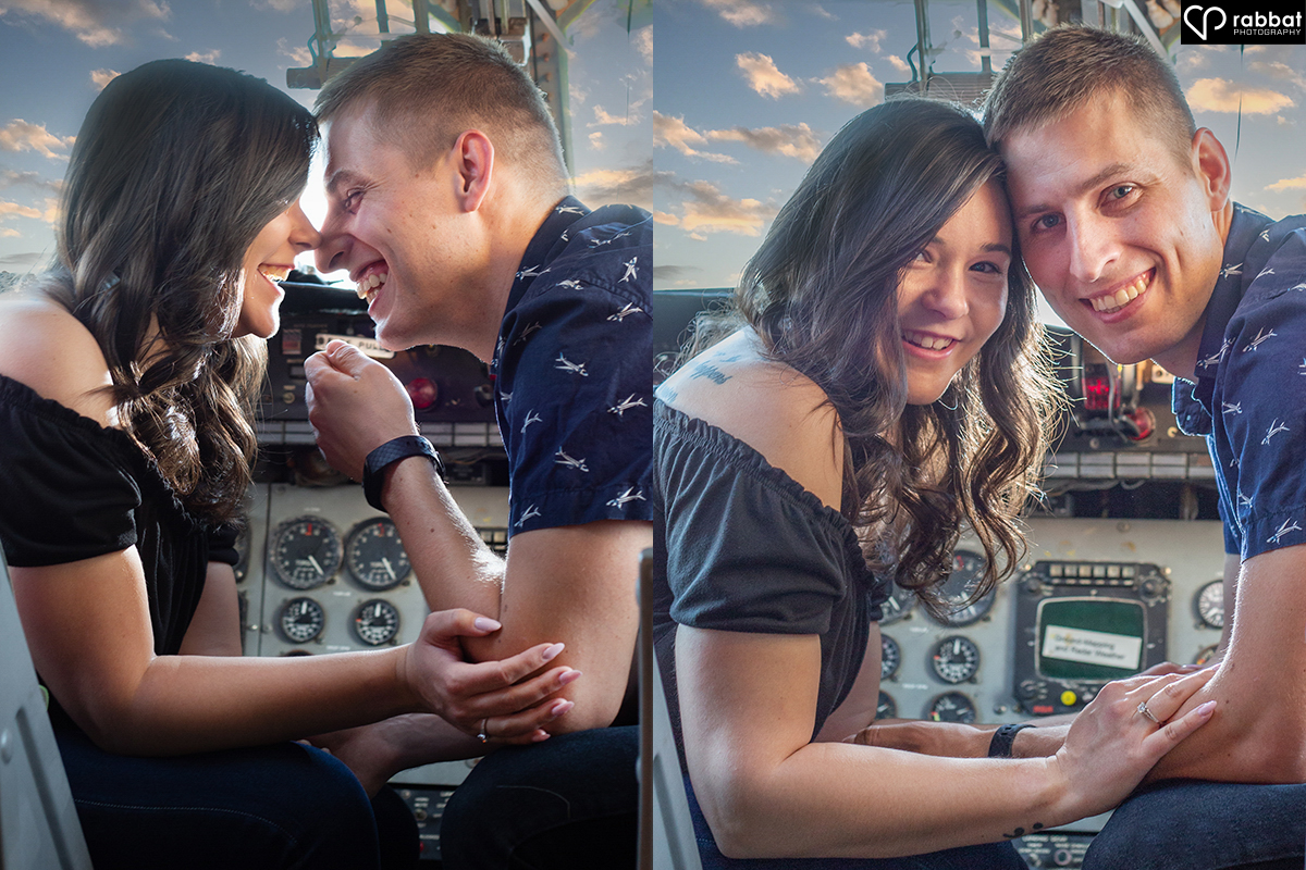 Side by side vertical photos of a couple in a historic airplane cockpit. In the one on the left, they are about to kiss. In the photo on the right, they are looking at the camera.