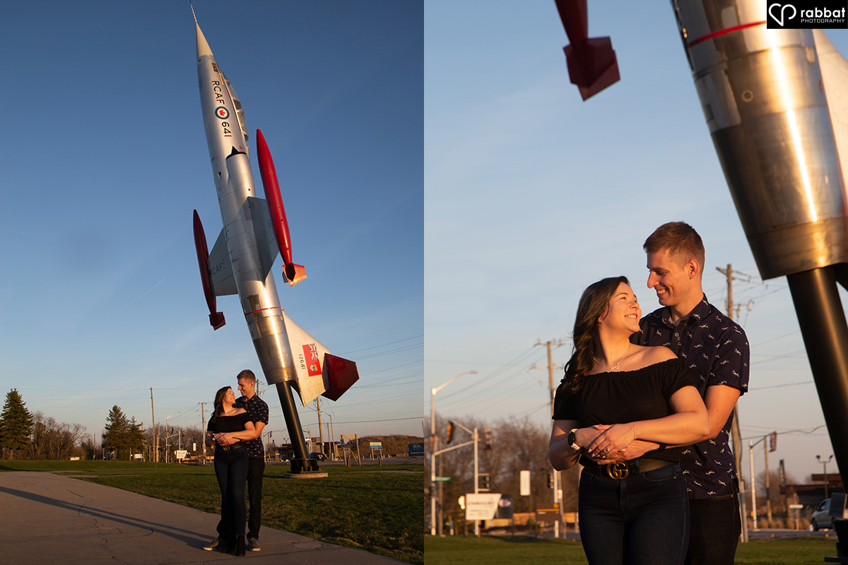 Couple in front of Starfigher airplane at the Canadian Warplane Heritage Museum. Two side by side vertical photos. In the first, you can see the whole plane standing upright and the second is a close-up of the couple.