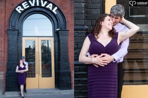 Romantic photos of couple dressed in fancy purple clothes in front of Revival.