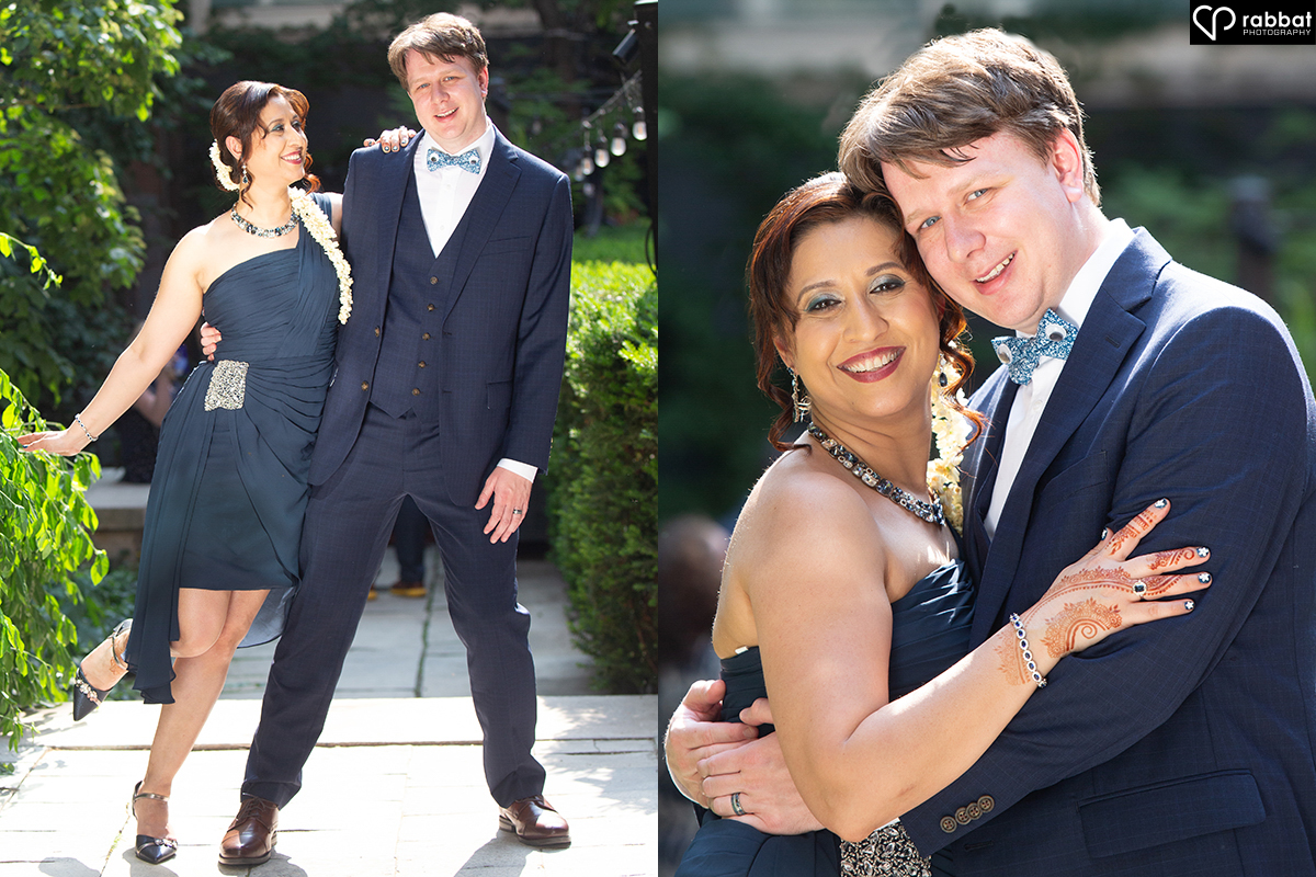 Two vertical side by side photos of a happy couple. In the one on the left, she is leaning on him with her arm extended in a dance position and in the one on the right, they are hugging and looking at the camera.