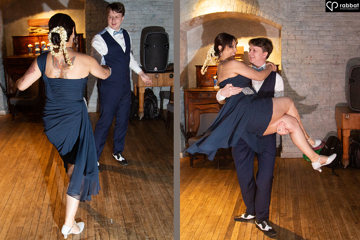 Two side by side vertical photos of a couple Lindy Hop swing dancing