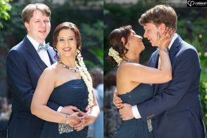 Two side by side vertical photos of a just married couple. In the one on the left, they are smiling at the camera and in the one on the right, they are about to kiss