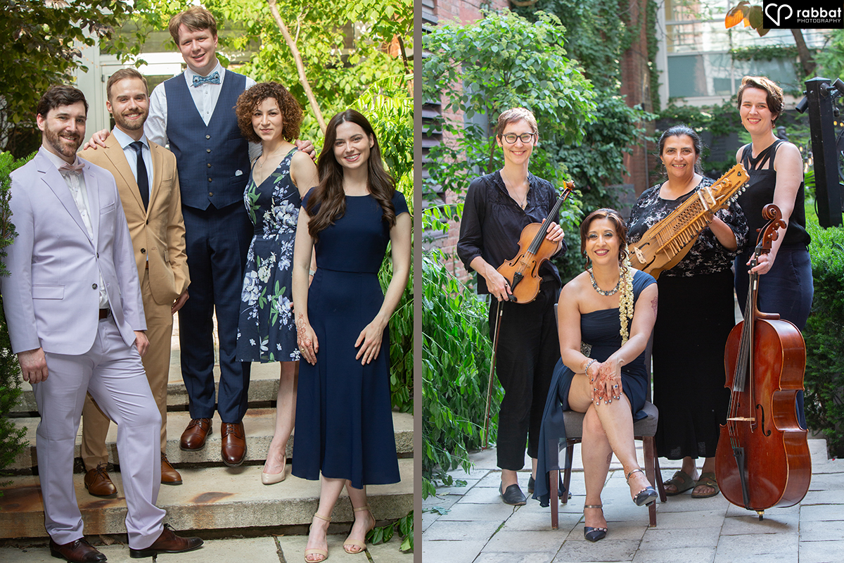 Triangle style photo of 5 people on left, photo of bride with band on the right. Instruments include a violin, a nyckelharpa and a cello